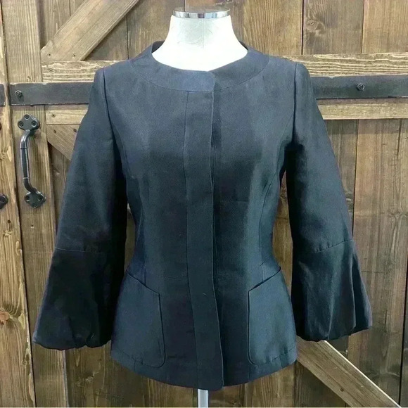 Rena Lange Black Wool Silk Blend Fitted Bell Cuff Jacket Women’s Size 6 - Picture 1 of 13